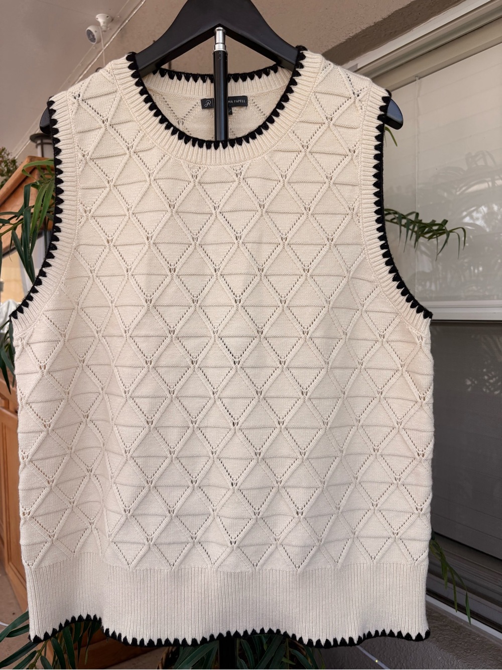 Adrianna Papell Cream Knit Shell with Black Scalloped Trim